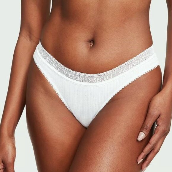 Victorias Secret Cotton Thong Panty S  XL Logo Waist Pointelle Snow White NWT - Picture 3 of 7